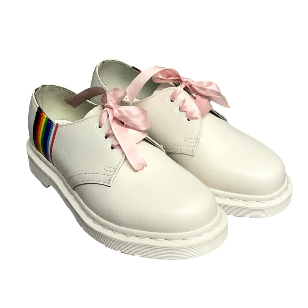 Dr. Martens Shoes Womens Size 5 White Rainbow Pride Bow Lace Up Flats 27522